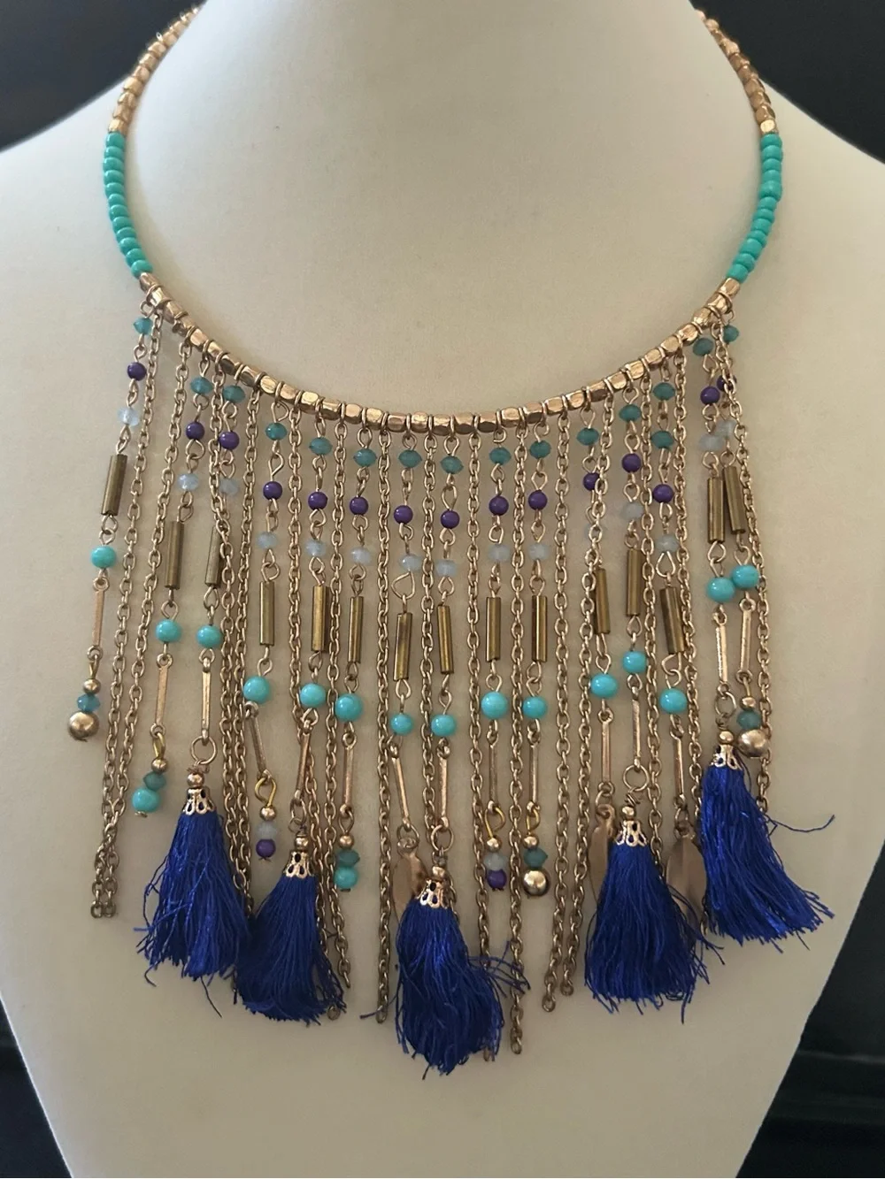 Gold & Blue Tassel Beaded Fringe Beaded Choker Necklace